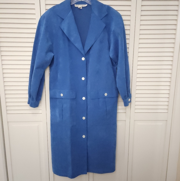 Vintage Women's Blue Suede Coat with Shoulder Pads - Picture 1 of 10